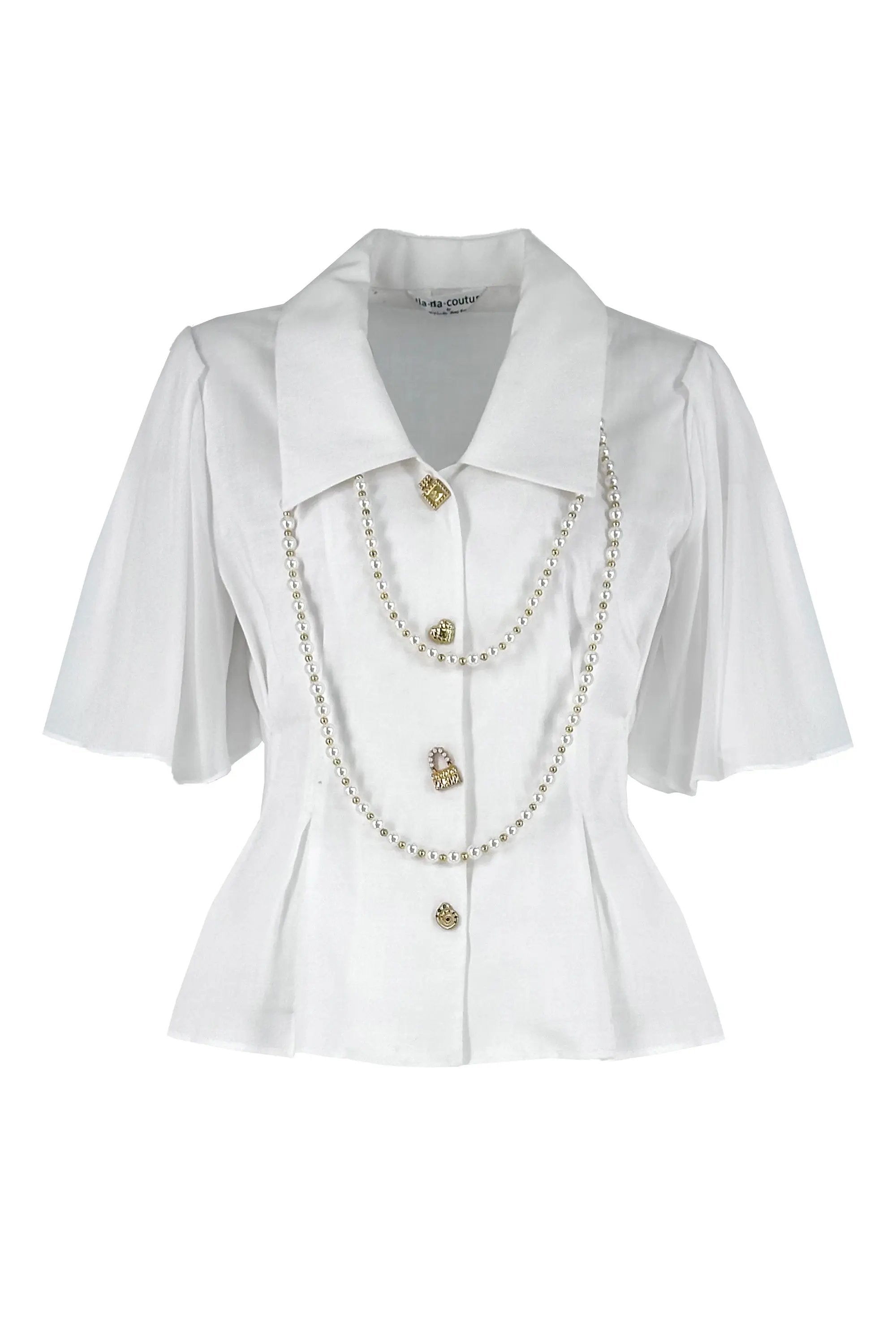 Women’s Summer High Greative Button with Exquisite Pearl Chain Ruffled Sleeve Shirt ULA